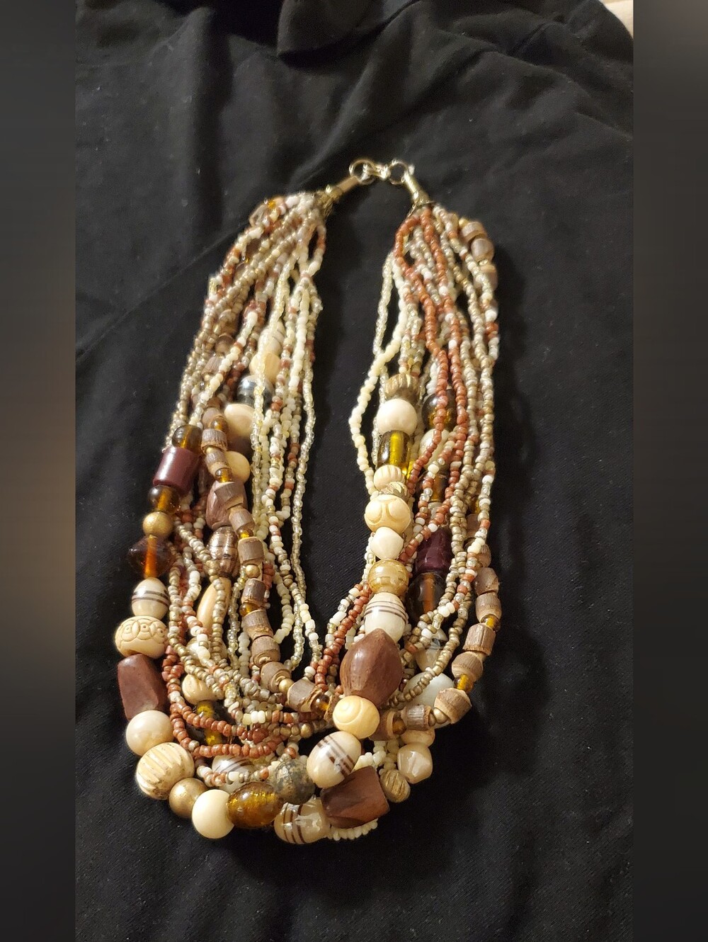 Vintage Multi-Strand Natural Bead Necklace in Brown and Cream